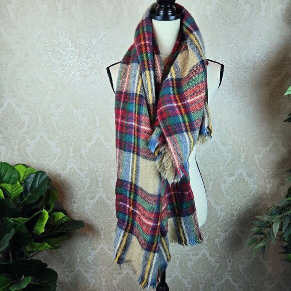 Large Square Plaid Blanket Scarf Red Green Cream Yellow Fringed Edges - Picture 1 of 7